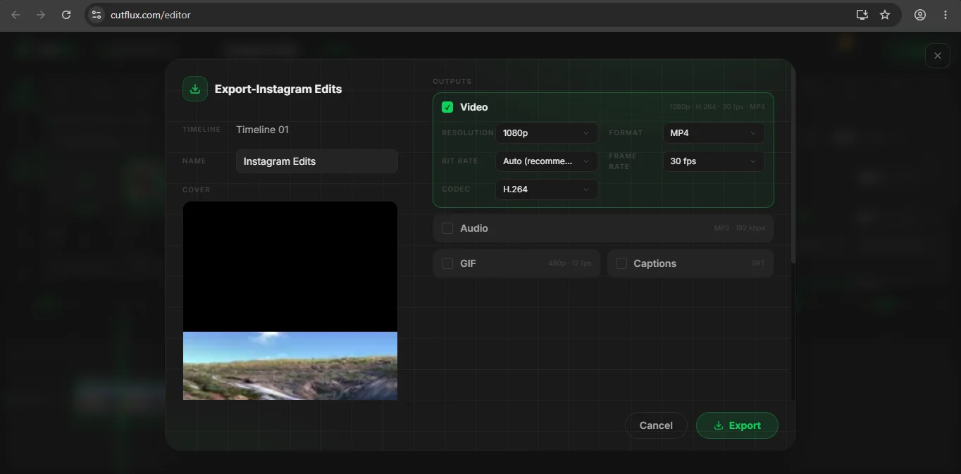 The CutFlux export panel with Video selected, 1080p resolution, H.264 codec, and automatic bitrate.