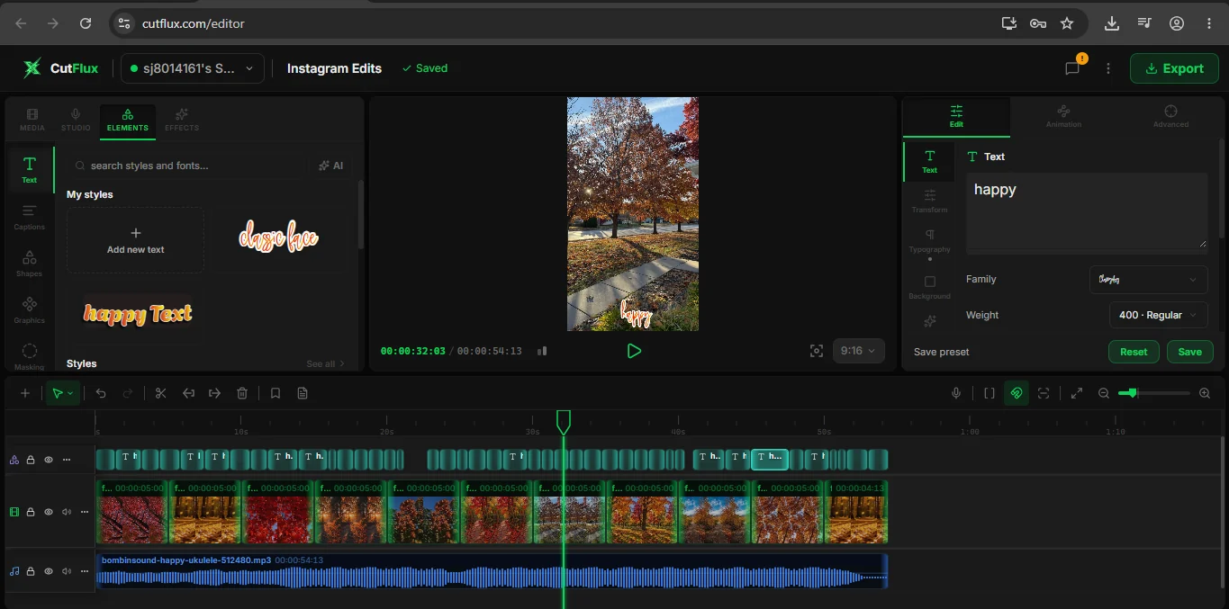The CutFlux timeline with a 9:16 photo Reel: ordered photo clips, a text track, and a music bed.