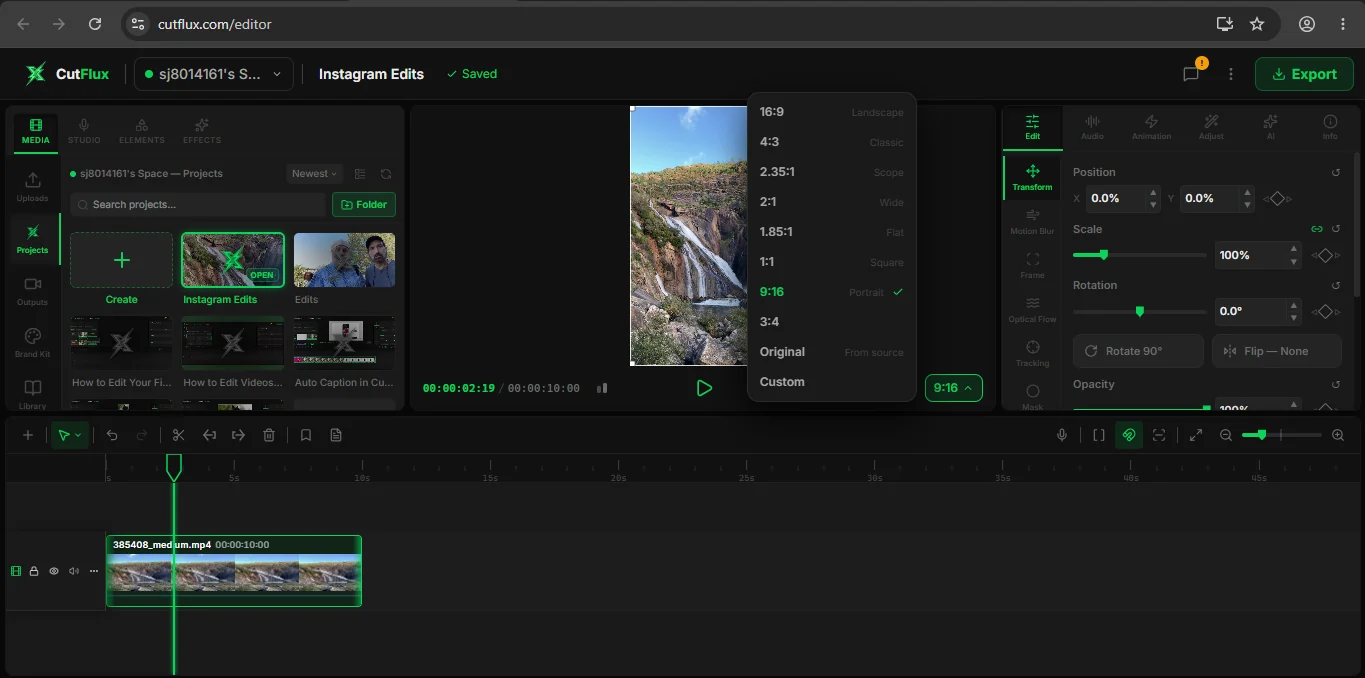 The CutFlux preview with the aspect-ratio menu open. Choosing 9:16 reshapes the canvas and sets the project to 1080 × 1920.