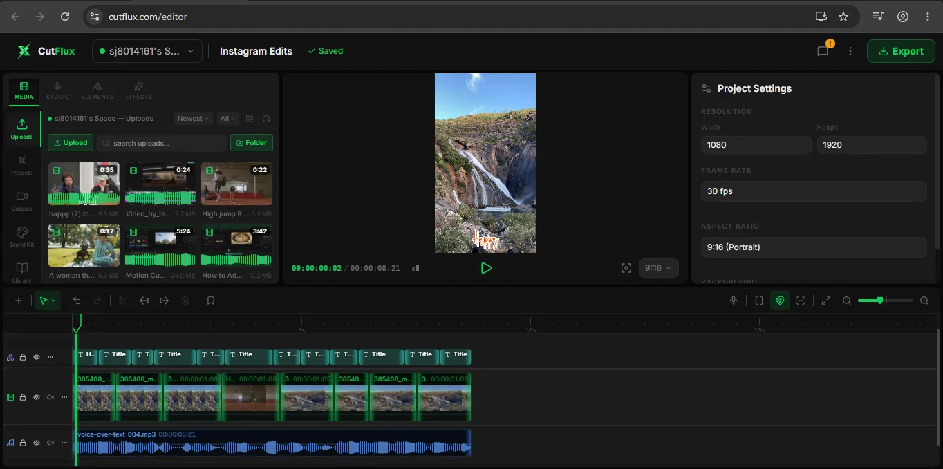 The CutFlux timeline with a 9:16 Reel project, trimmed clips, and captions ready to export.