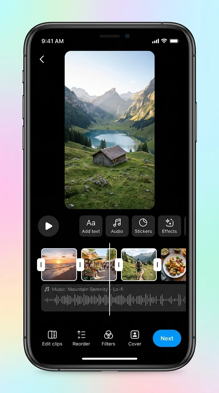 The Instagram Reel editor with photos on the timeline, a music track, and text on the first frame.