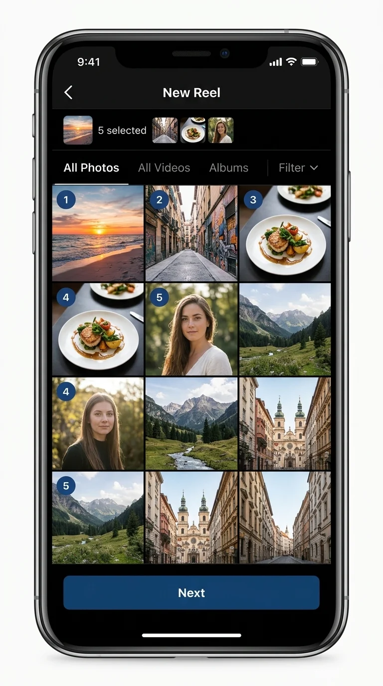 The Instagram gallery picker with several photos selected for a Reel.