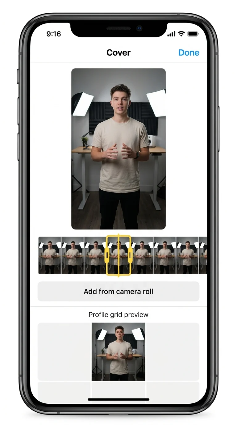 The cover picker on a published Reel, with the scrub bar and upload option.