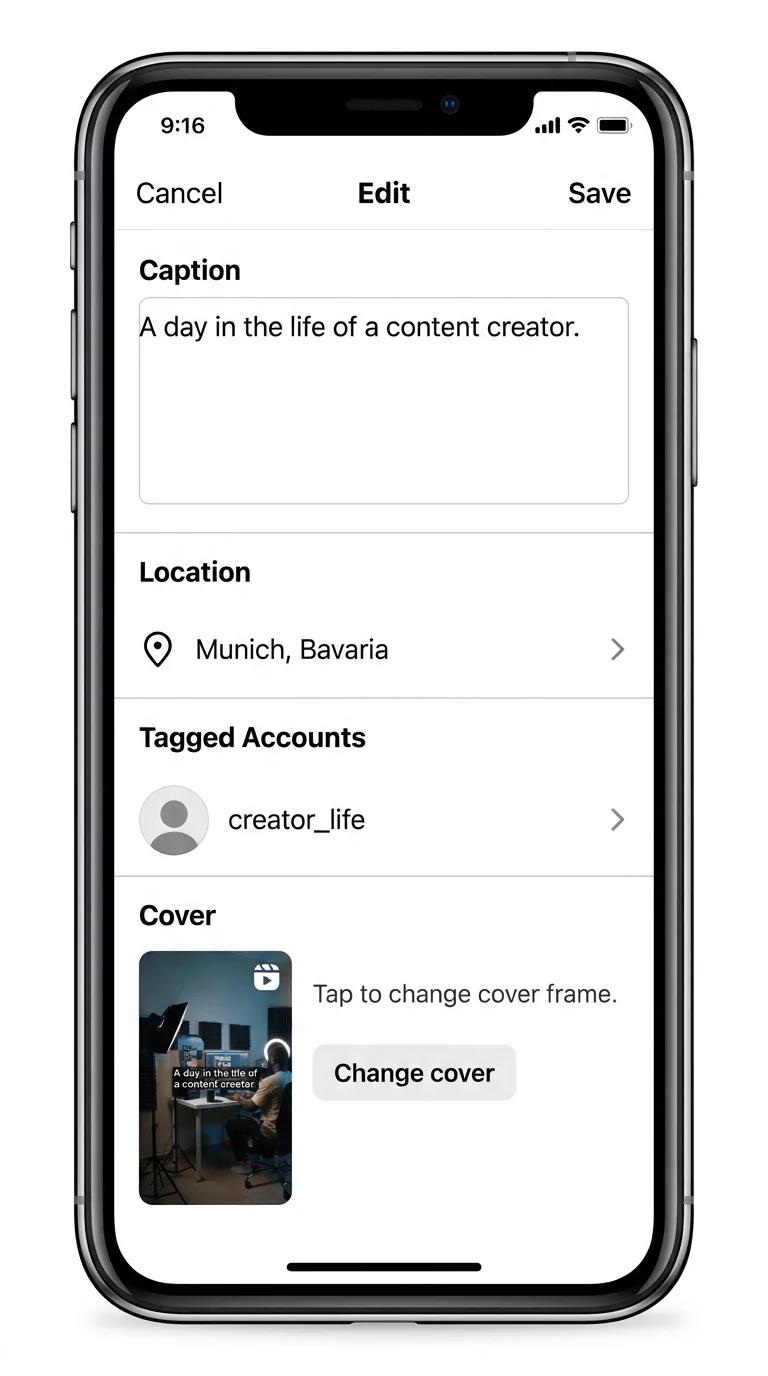 The Reel edit screen, showing the caption, location, tagged accounts, and cover controls.