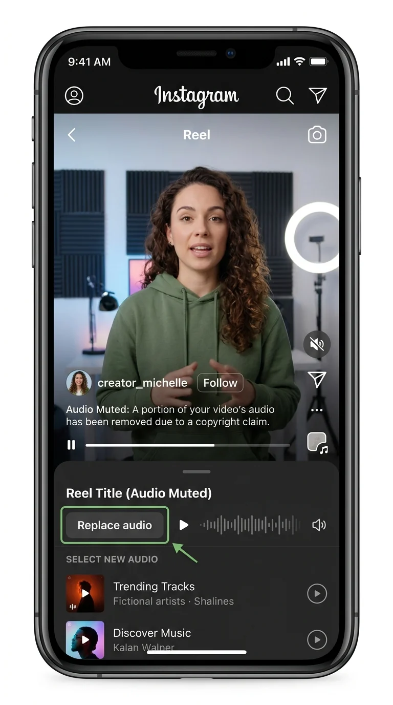 The replace-audio option on a Reel that Instagram has muted.