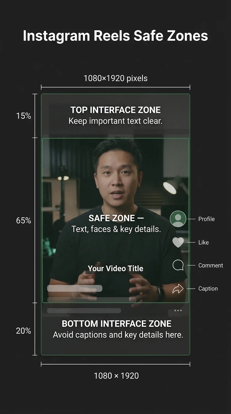 The safe area on a 1080 × 1920 Reel: keep text and faces inside the middle band, clear of the top and bottom interface.