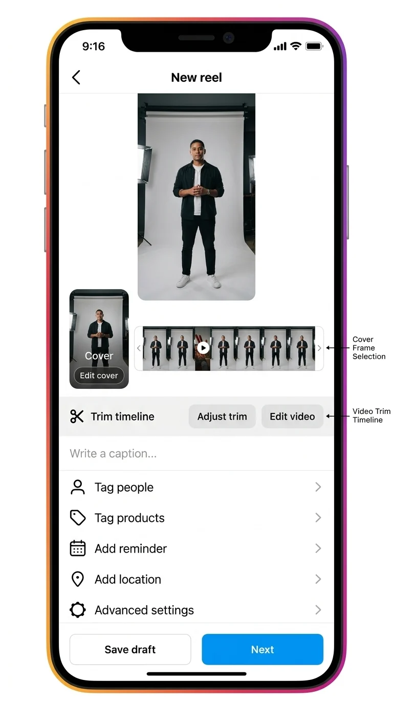 The Instagram upload screen for a Reel: choose the file from the gallery, then set the cover and trim before posting.