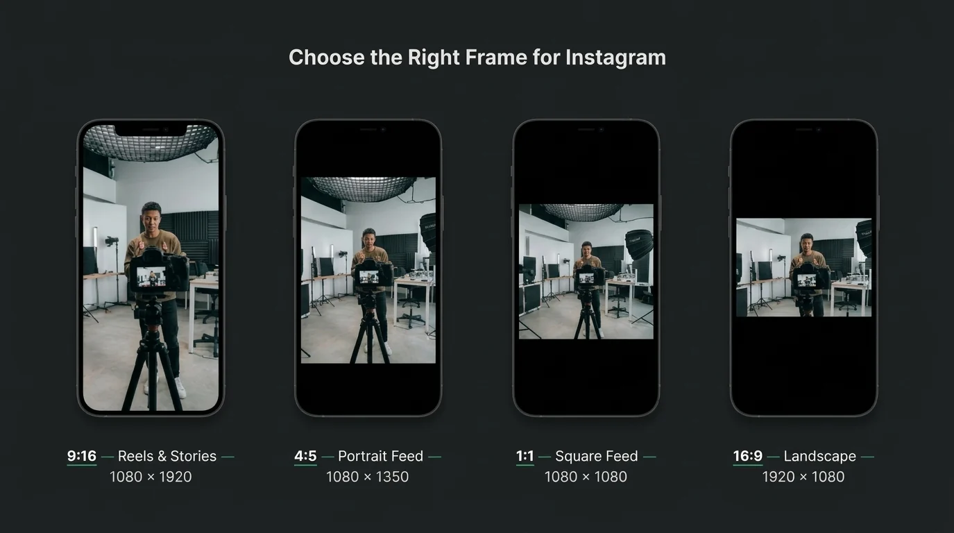The four frames Instagram accepts, compared at the same width: 9:16 for Reels and Stories, 4:5 for feed portrait, 1:1 for square, and 16:9 for landscape.