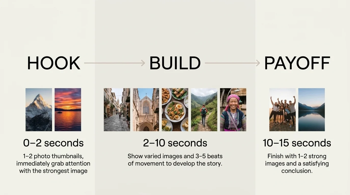 A three-part photo Reel storyboard: hook, build, and payoff, with approximate time per frame.